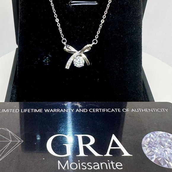 Diamond Jewelry - Moissanite Diamond Necklace Pendant Chain Bow 18K S925 Stamped Brilliant Round